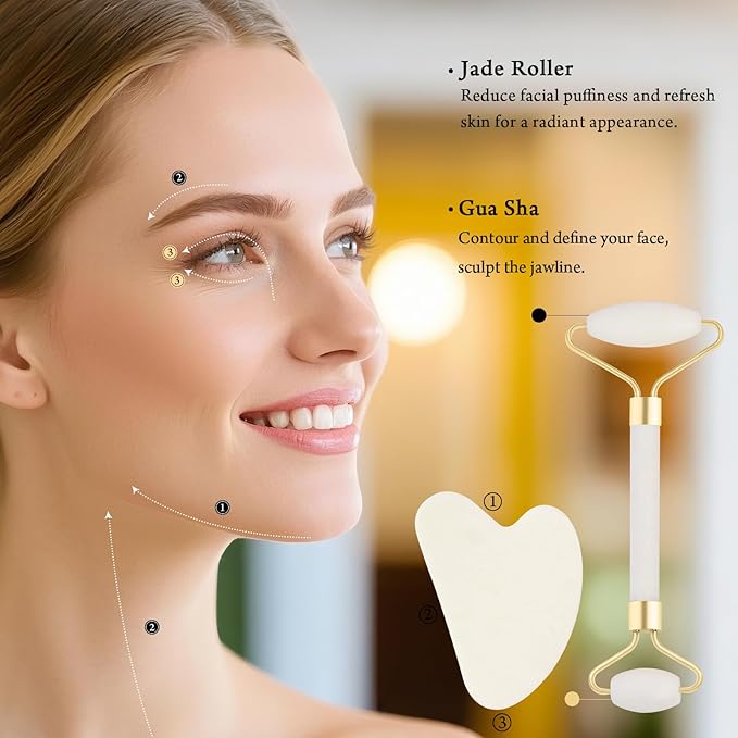 Real Perfection Gua Sha Facial Tools Face Roller for Wrinkles Jade Roller and Gua Sha Set, Scrubber Pore Brush Headband Skin Care Tools for Travel Skincare Routine Massaging Reducing Puffiness - White-GlimoraGlow