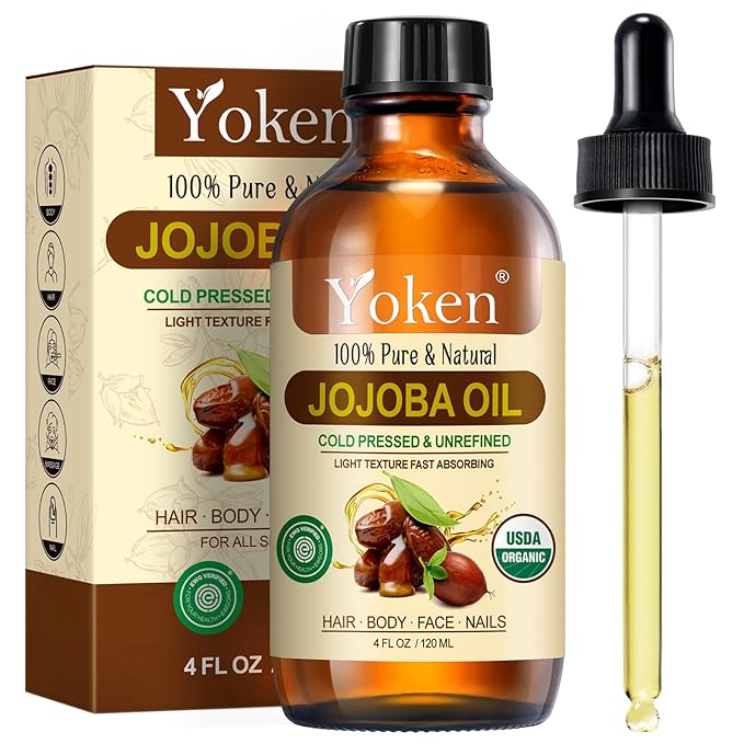 Yoken Jojoba Oil 4 fl oz EWG Verified 100% Pure Jojoba Oil Cold Pressed for Skin, Hair, Nails, Cuticles - Unrefined & Hexane Free, Natural Moisturizer Carrier oils Facial Serum for Gua Sha-GlimoraGlow