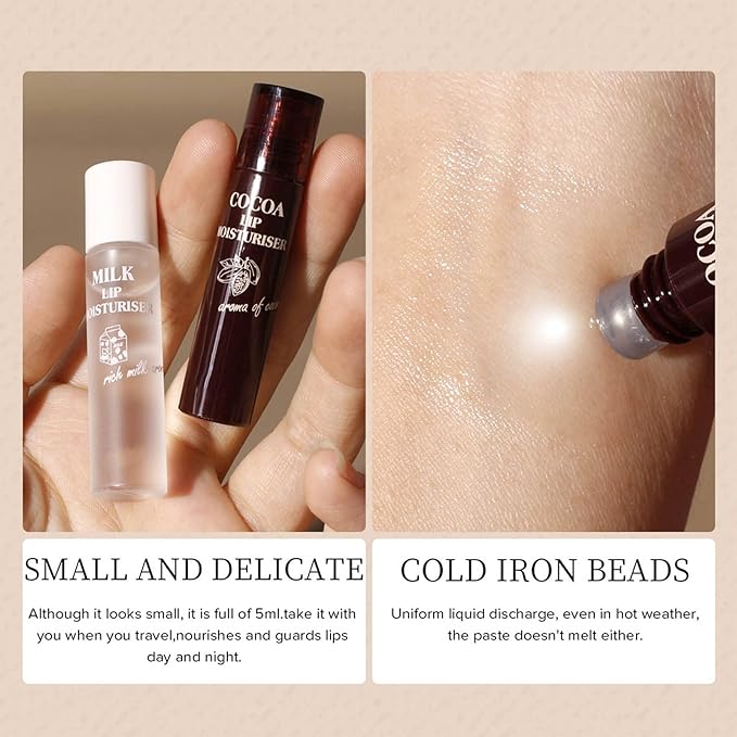 Hydrating Oil, 2pcs Roll On Hydrating Lip Gloss, 5ml Moisturizing Lip Balm Cocoa Bean Milk Lip Oil Hydrating Nourishing Day Night Repair-GlimoraGlow