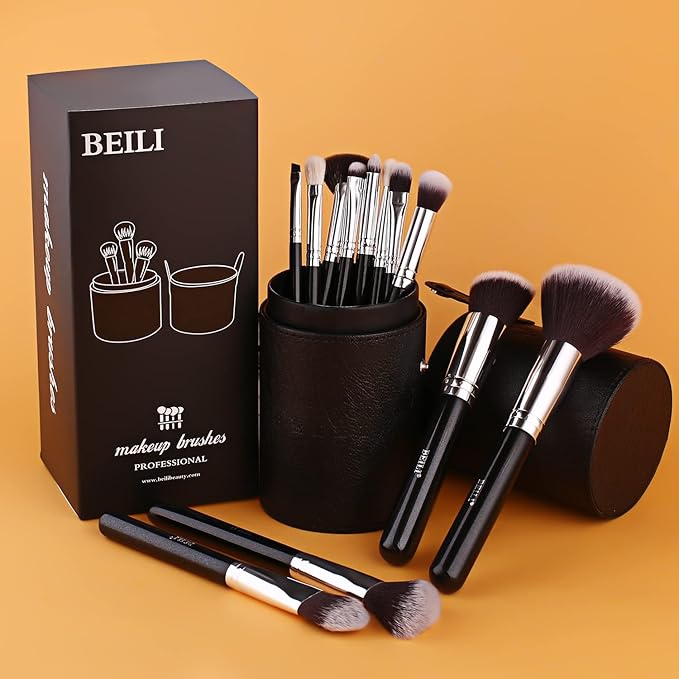 BEILI Makeup Brushes 12pcs Makeup Brushes Set with Holder Premium Synthetic Kabuki Foundation Brush Blending Blush Concealer Full Face Makeup Brushes Kit With Gift Box(Black)-GlimoraGlow