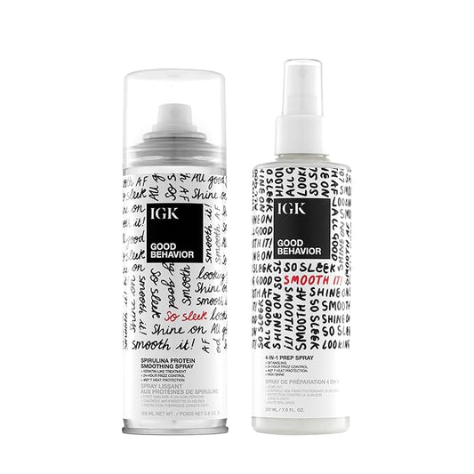 IGK GOOD BEHAVIOR Smoothing Frizz Fighters Set | 4-in-1 Prep Spray + Spirulina Protein Smoothing Spray | Frizz Control + Heat Protectant | Vegan + Cruelty Free-GlimoraGlow