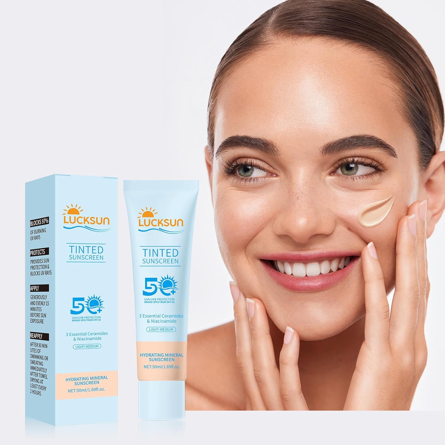 Tinted Sunscreen for Face SPF 50, 2 PCS Defense SPF 50 Face Sunscreen Lotion with Hyaluronic Acid, Sun Essence Faces Sunscreens, Hydrating, Moisturizing, UV Defense, Travel Size (Medium Color)-GlimoraGlow