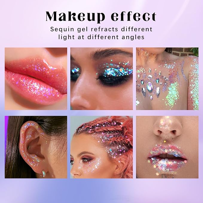2 Colors Roll-on Body Glitter Gel, Holographic Glitter Gel Under Light for Face Hair, Body Shimmer for Rave Accessories Christmas New Year Halloween Makeup (8+12)-GlimoraGlow
