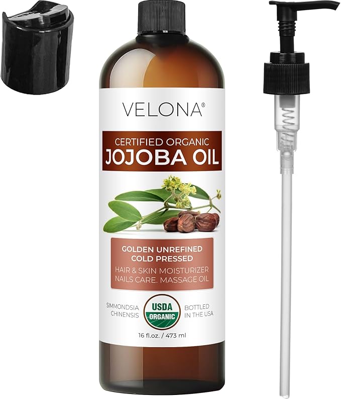 velona Jojoba Oil USDA Certified Organic - 16 fl oz (With Pump) | 100% Pure and Natural | Golden, Unrefined, Cold Pressed, Hexane Free | Moisturizing Face, Hair, Body, Skin Care-GlimoraGlow