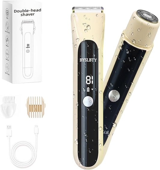 2 in 1 Bikini Trimmer for Women Dual Head Electric Shaver with LED Display,IPX7 Waterproof Wet & Dry, Painless Shaver for Underarm Leg Arm Body Face Private Area Khaki-GlimoraGlow