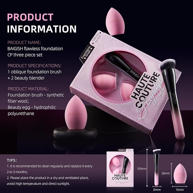 Makeup Brush Set, Flat Top Kabuki Brush Premium Foundation Brush for Liquid, Cream, and Powder with 2 Makeup Sponge for Foundation, Powder, Blush, and Concealer-GlimoraGlow