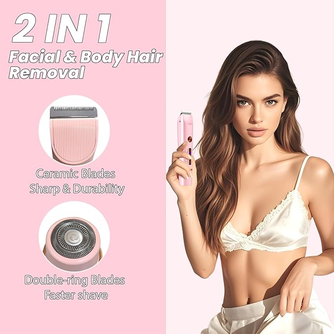 2025 Upgraded Dermave Bikini Shaver - 2 in 1 Bikini Trimmer for Women with LCD Display, Dual Head Cordless Electric Shaver, IPX7 Waterproof Wet/Dry Body Hair Trimmer for Face, Body & Intimate Areas-GlimoraGlow