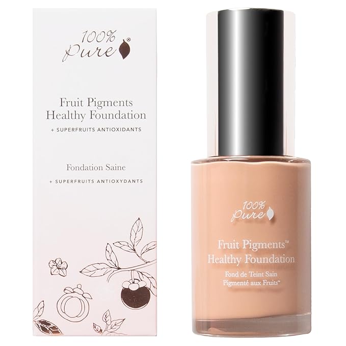 100% PURE Healthy Foundation Full Face Coverage Makeup, Liquid Matte Finish with Anti-Aging Benefits - Vegan Gorgeous Fruit Pigmented Sand Color (Light Medium with Neutral Undertone) - 1 Fl Oz-GlimoraGlow