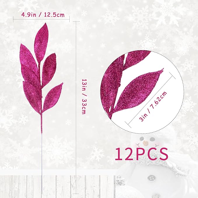 GREENTIME 12 Pack Artificial Rose Red Glitter Leaves 13" Fake Christmas Picks Decorative Glitter Sticks for Vase Christmas Tree DIY Wreath Crafts Fireplace Decor