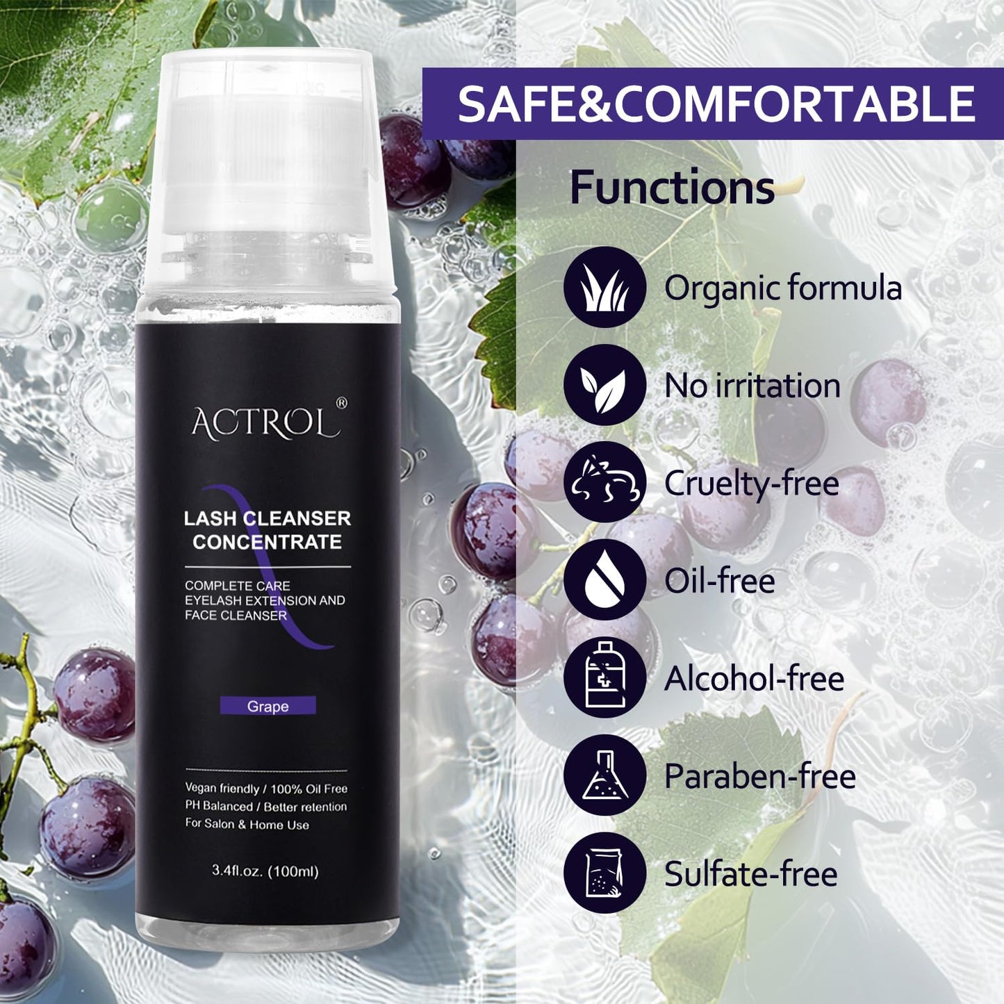 Eyelash Cleanser Concentrate 100ml Professional Lash Shampoo Foaming Cleanser Lash Wash Concentrate for Extensions Lashes with Salon Home Care-Makes 40 Bottles Grape-GlimoraGlow