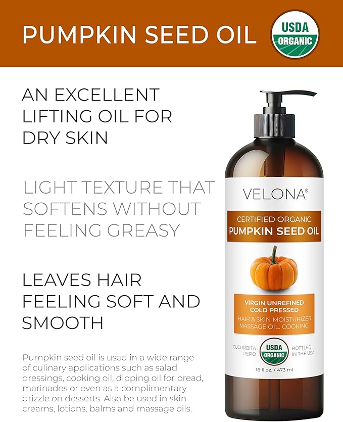 velona Pumpkin Seed Oil USDA Certified Organic - 16 Fl Oz | 100% Pure and Natural Carrier Oil | Unrefined, Cold Pressed | Cooking, Face, Hair, Body & Skin Care | Use Today - Enjoy Result-GlimoraGlow
