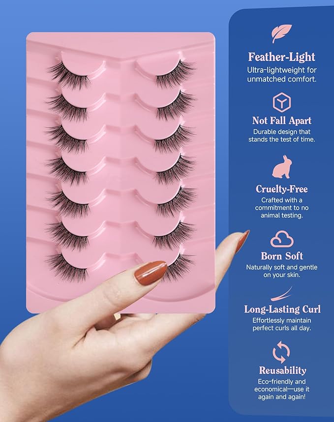Half Lashes Natural Eyelashes Wispy Lashes Natural Look Cat Eyelashes False Corner Lash Soft Fluffy 3/4 False Eyelash 7 Pairs 14MM D19-GlimoraGlow