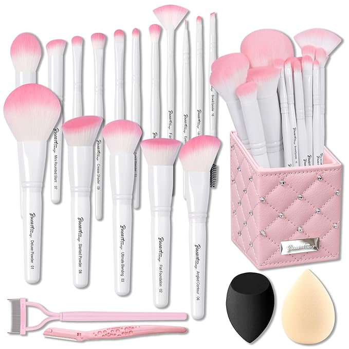 Bueart Design 16Pcs ULTRA SOFT labeled Makeup Brushes set with brush Holder face brush for Foundation Powder Blending Blush wooden Handle(16Pcs White+Pink Holder)-GlimoraGlow