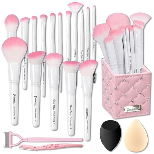 Bueart Design 16Pcs ULTRA SOFT labeled Makeup Brushes set with brush Holder face brush for Foundation Powder Blending Blush wooden Handle(16Pcs White+Pink Holder)-GlimoraGlow