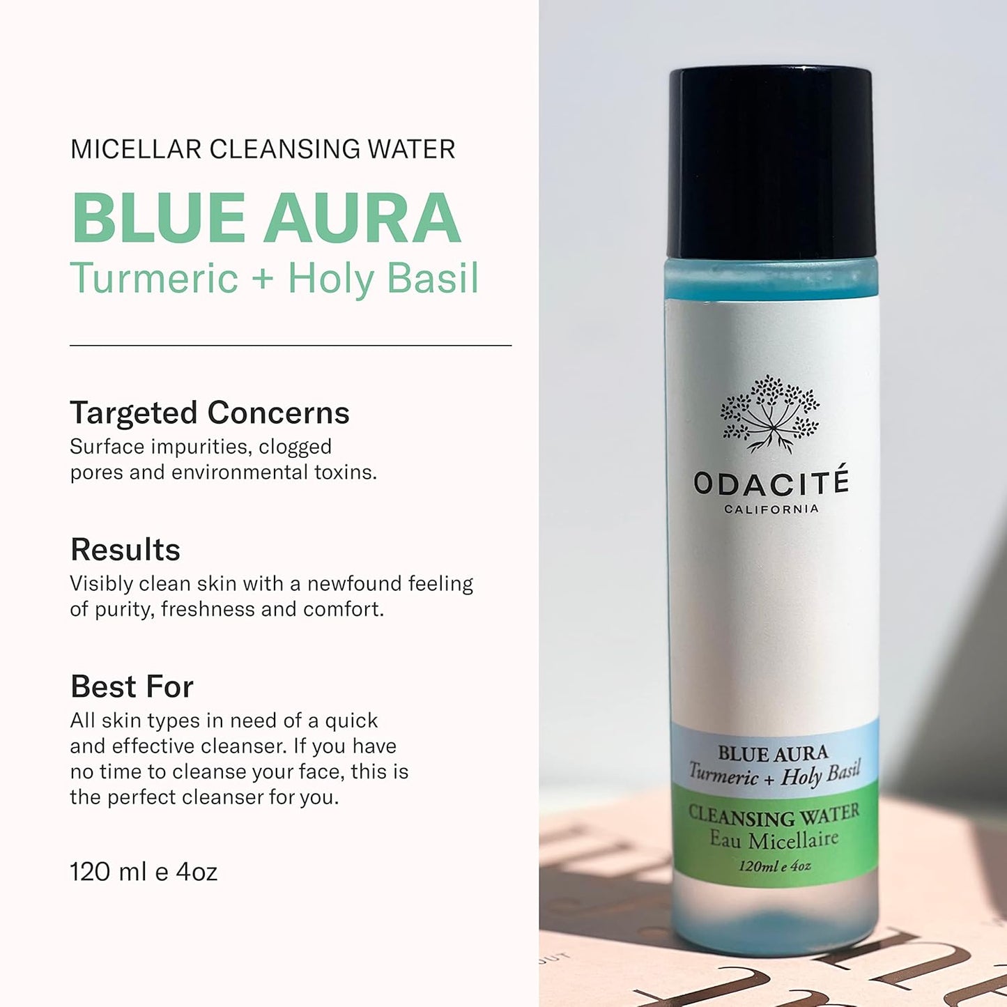 ODACITE Odacité Facial Cleanser with Foam - Blue Aura Cleansing Water Facial Wash with Neem, Holy Basil & Turmeric - No-Rinse Micellar Water Removes Pollution, Impurities & Makeup, 4.0 fl. Oz-GlimoraGlow