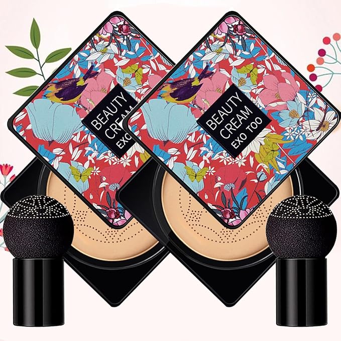 2 Pack Beauty Cream EXO TOO Foundation, Beauty Cream Makeup Base, Moisturizing, Long Lasting Matte Air Cushion CC Cream Concealer with Two Mushroom Head Sponges-GlimoraGlow