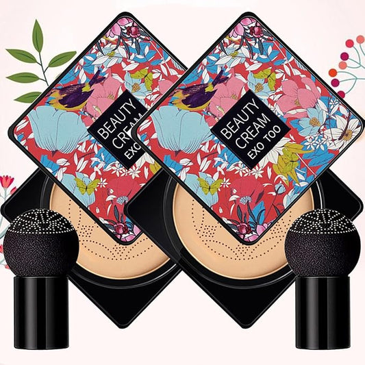 2 Pack Beauty Cream EXO TOO Foundation, Beauty Cream Makeup Base, Moisturizing, Long Lasting Matte Air Cushion CC Cream Concealer with Two Mushroom Head Sponges-GlimoraGlow