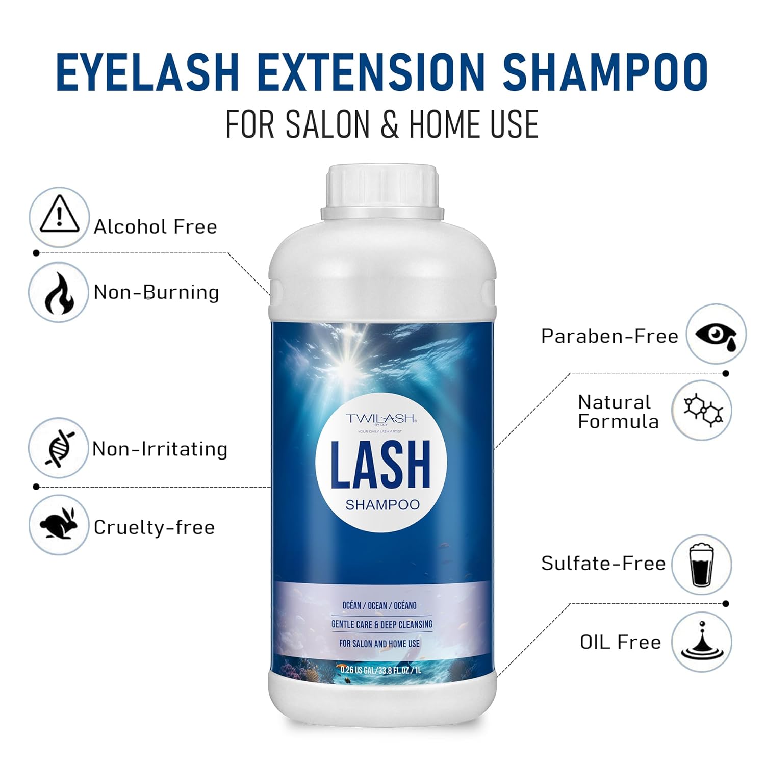 Lash Shampoo Bulk, Eyelash Cleanser for Extensions 1 Liters, Safe Makeup Remover, Non-irritating or Burning Formula Eyelid Foaming Cleanser for Professional Salon and Home Use (Ocean-1L)-GlimoraGlow