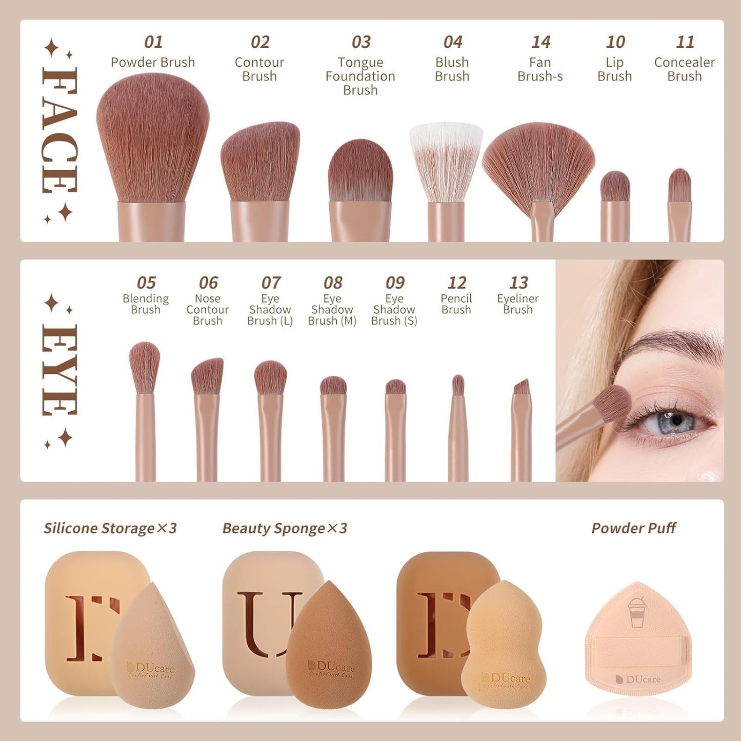 DUcare Makeup Brushes Set 14Pcs Coffee Series Makeup Brush set with Makeup Sponges Gifts Foundation Blending Face Powder Blush Eye Shadows Brushes-GlimoraGlow