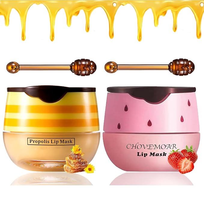 2 PCS Bee Lip Balm Honey Pot, Honey & Strawberry Lip Mask Vitamin E & Moisturizing Propolis Sleeping Lip Mask Prevention Dry and Cracked Lip Scrubs Exfoliator, Christmas Gifts-GlimoraGlow