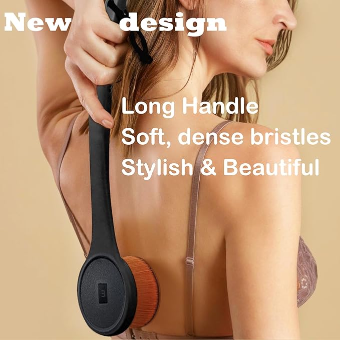 Extra Large Body Makeup Brush For Self Tanner, Sunscreen, Self Tan Back Applicator, Wide-Headed Kabuki Brush for Even& Pretty Lotion Application. Bronzer Blend, Long-Handle Face Leg Brush- Black Set-GlimoraGlow