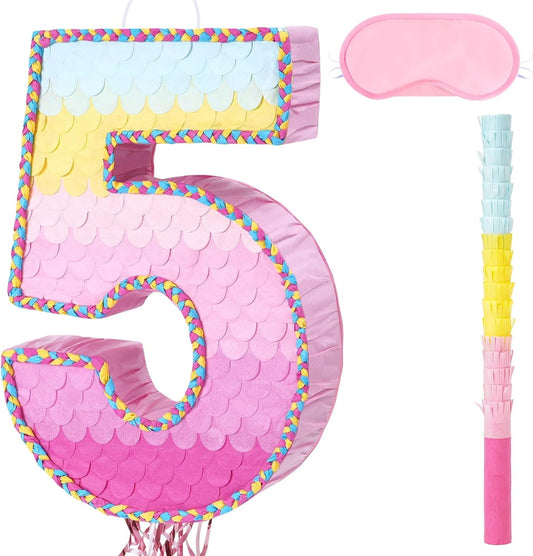 WERNNSAI Pink Sweet Five Pinata - Number 5 Pinata Happy Birthday Decoration Pink Rainbow Design Party Games for Girl Princess Baby Shower Party Favor with Blindfold Anniversary Celebration Supplies