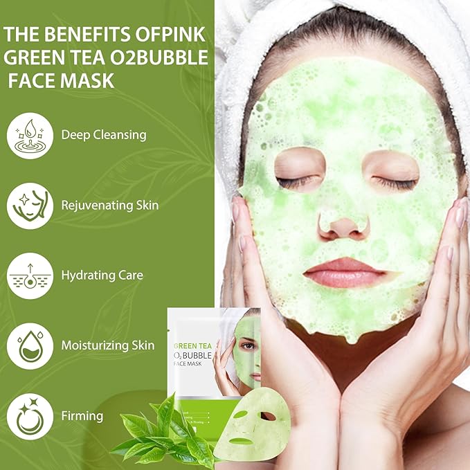 10 Sheets Face Masks Skincare O2 Bubble Green Tea Face Mask, Cleaner Bubble Sheet Masks Foaming Purifying Facial Mask for Pores, Moisturizing Spa Face Masks Skin Care For All Skin Type-GlimoraGlow