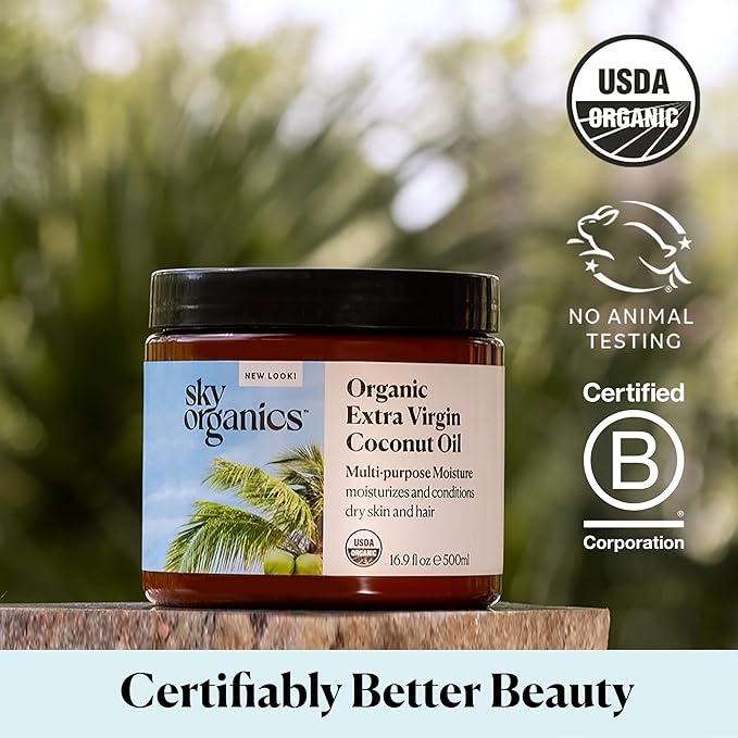 Sky Organics - Organic Coconut Oil for Skin & Hair, 16.9 fl oz - Multipurpose Hair Oil & Body Moisturizer - Vitamins, Antioxidants & Fatty Acids - Vegan, Cruelty Free - Extra Virgin, w ebook-GlimoraGlow