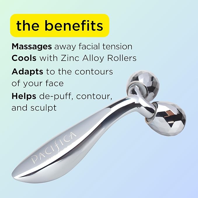 Pacifica Future Youth Stainless Steel Face Roller – Cooling Dual Gua Sha Facial Massager for Sculpting, Contouring & De-Puffing – Anti-Aging Skin Care Tool for Wrinkles & Fine Lines Lymphatic Drainage-GlimoraGlow