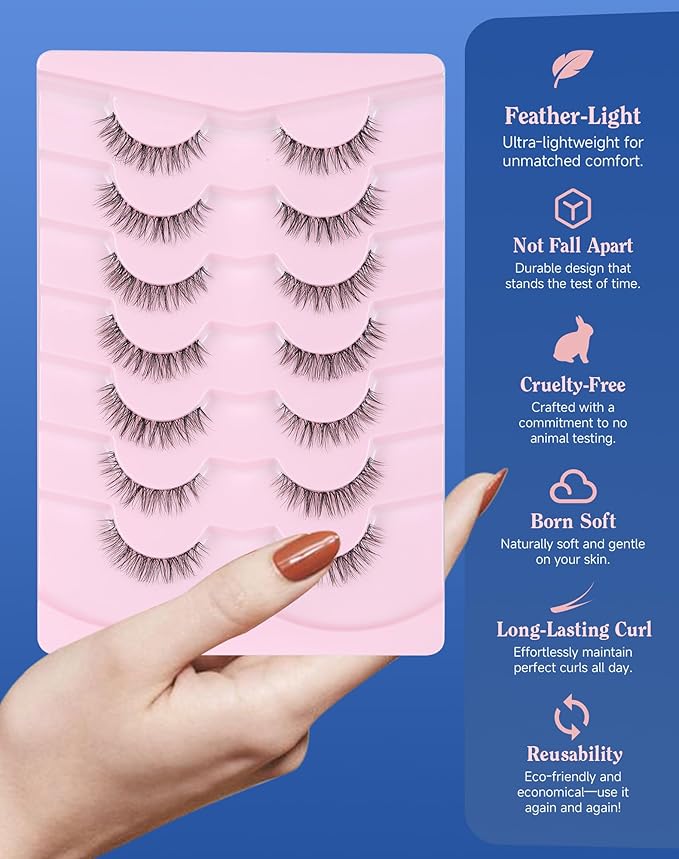 Clear Band Lashes Short Everyday Wispy False Eyelashes Natural Look Flared Strip Eyelash Small Lash Soft Fluffy Pack 7 Pairs SF-06-GlimoraGlow