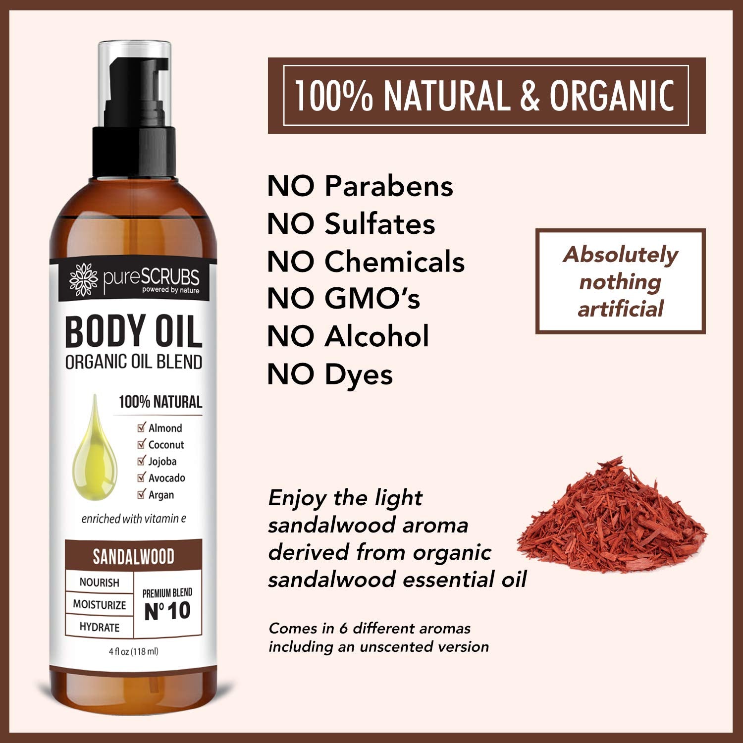 pureSCRUBS Ultra Moisturizing Sandalwood Body Oil Spray For Dry Skin, Massage, Cuticles & More, Organic Blend of Jojoba, Argan, Coconut, Sweet Almond & Avocado Oils Enriched with Vitamin E, Lg 4oz-GlimoraGlow