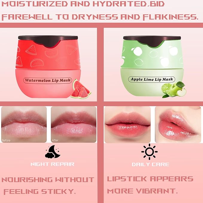 2 PCS Bee Lip Balm Honey Pot, Watermelon Apple Bee Lip Balm Sleeping Lip Mask Overnight with Sticks, Honey Pot Lip Balm Hydrating Exfoliating Prevention Dry and Crack Lip Scrubs-GlimoraGlow