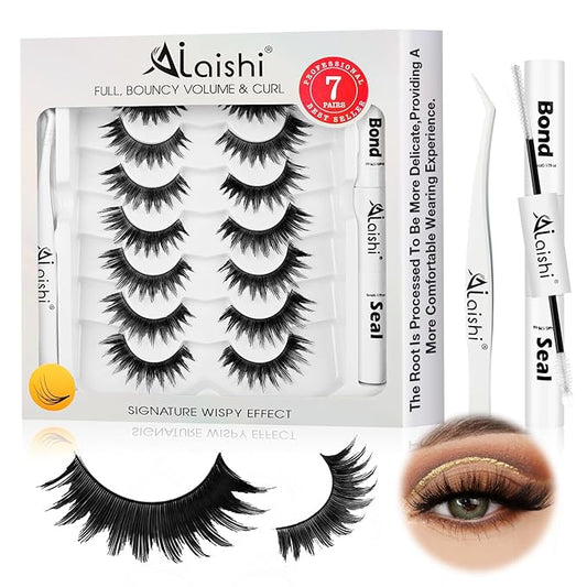 False Eyelashes Kit With Bond, Seal and Tweezer, 7 Pairs Fluffy Natural Look Fake Cat Eye Lashes Strips Thin Band Extensions Waterproof Easy Eyelashes for Beginners DF64-GlimoraGlow