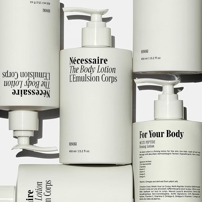 Nécessaire The Body Lotion with Pump. Hinoki. Multi-Peptide Firming Lotion to Moisturize, Firm, Strengthen. 2.5% Niacinamide, Vitamin C/E + Omega 6/9. 450ml / 15.2 fl oz-GlimoraGlow