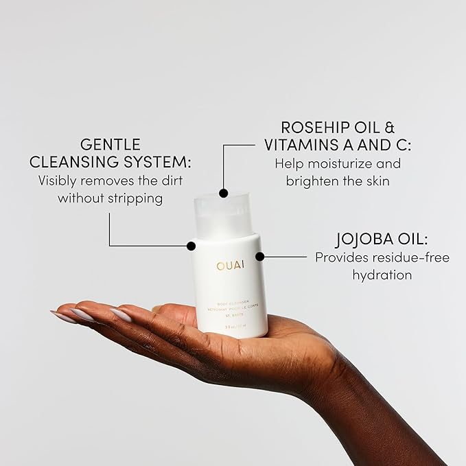 OUAI Body Cleanser, St. Barts Travel Size - Foaming Body Wash with Jojoba Oil & Rosehip Oil to Hydrate, Balance & Soften Skin - Paraben, Phthalate & Sulfate Free Skin Care Products (3 fl oz)-GlimoraGlow