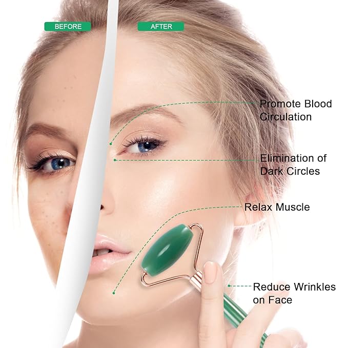 Jade Roller for Face, Facial Roller Massager Skin Care Tool, Gua Sha Facial Tools for Face, Neck, Eyes, Reduce Puffiness of The Skin (Green)-GlimoraGlow