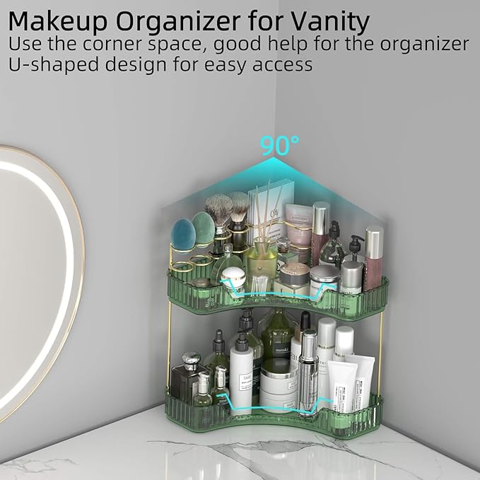 2 Tier Corner Bathroom Organizer Countertop, Vanity Makeup Organizer with Brush Holder, Space-Saving Skincare Storage Corner Shelf for Bathroom, Dressing Table, Kitchen-GlimoraGlow