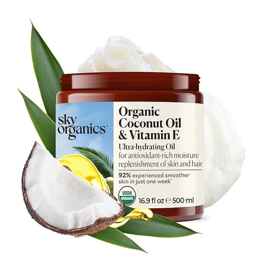 Sky Organics - Organic Coconut Oil & Vitamin E, 16.9 fl oz - Skin & Hair Ultra-Hydrating Oil - Fatty Acids & Antioxidants - Natural, Vegan & Cruelty Free - Skin Care & Hair Care w Ebook-GlimoraGlow