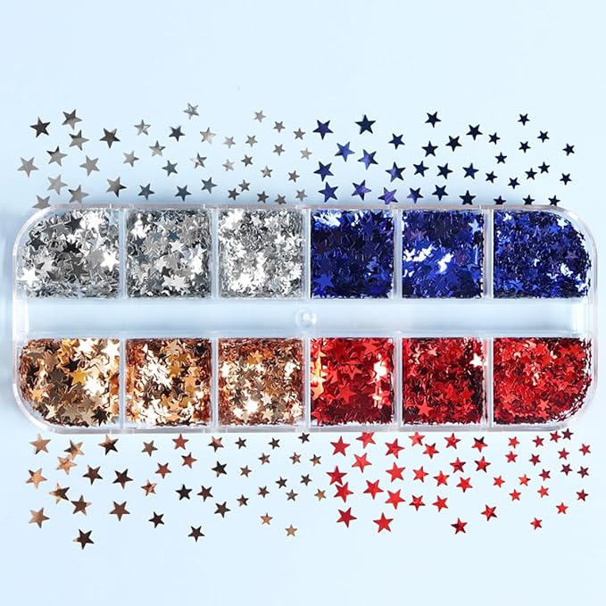 12 Grid July 4th Nail Art Glitter Sequins Independence Day Star Nail Decal Gold Glitter Flakes for Women-GlimoraGlow