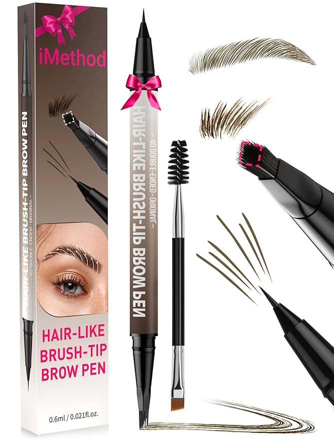iMethod Eyebrow Pen - Eyebrow Pencil,2-in-1 Eyeliner Dual-Ended Microblading Eyebrow Pencil Long Lasting Waterproof Hair-Like Brow Pencil,with Eyebrow Brush,Eyebrow Pencils for Women,Brown-GlimoraGlow