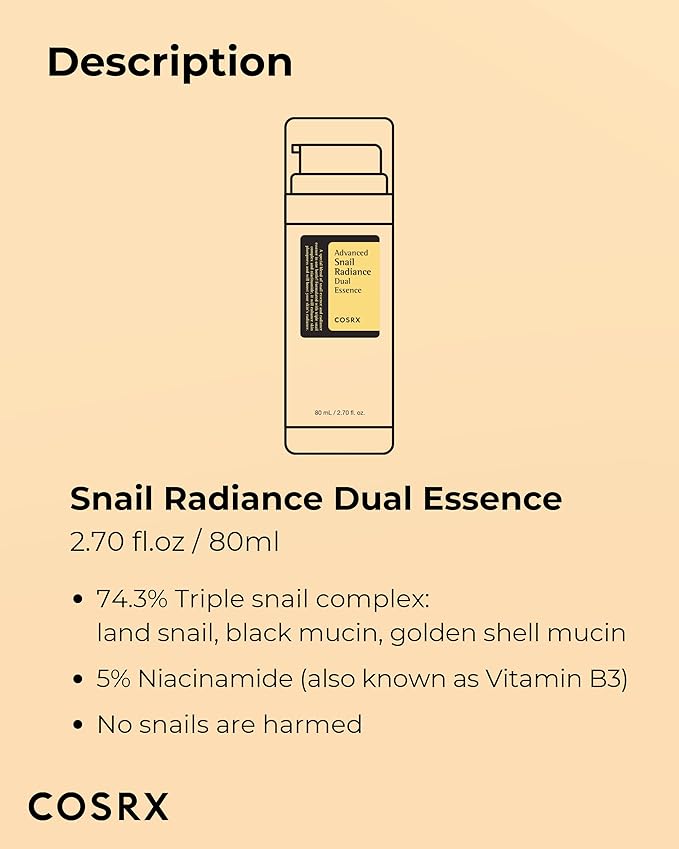 COSRX Niacinamide 5% + Snail Mucin 74% Dual Essence, Anti aging Face Serum for Dull Skin, Hydrating, Brightening, Repairing, 2.70 fl.oz / 80ml, Sensitive Skin, Not Tested on Animals, Korean Skincare-GlimoraGlow