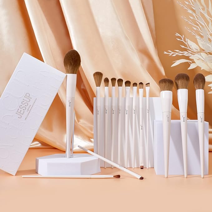 Jessup Makeup Brushes 14Pcs Makeup Brush Set Premium Synthetic Powder Foundation Contour Blush Concealer Eye Shadow Blending Liner Make Up Brush Kit Light Grey T329-GlimoraGlow