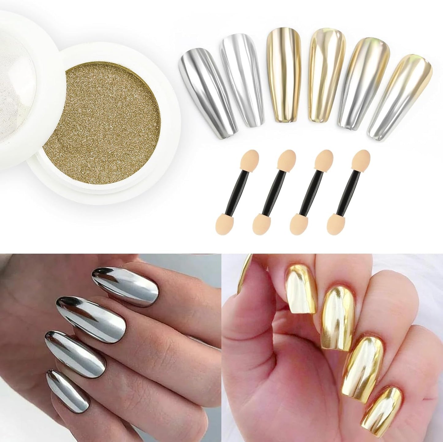2 Jars Chrome Nail Powder：Mirror Effect Gold Chrome Nail Powder,Metallic Mirror Silver Chrome Powders Decoration for DIY Nail Art,Pigment Holo chrome powder with 4 Eyeshadow Sticks-GlimoraGlow