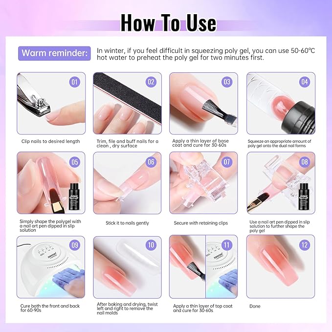 JEWHITENY Poly Gel Nail Kit 14 Colors - Yellow Nude Pink Blue Purple Glitter Tones Starter Kit with UV Lamp Base & Top Coat All-in-One Gift for Women Need U V Light Curing-GlimoraGlow