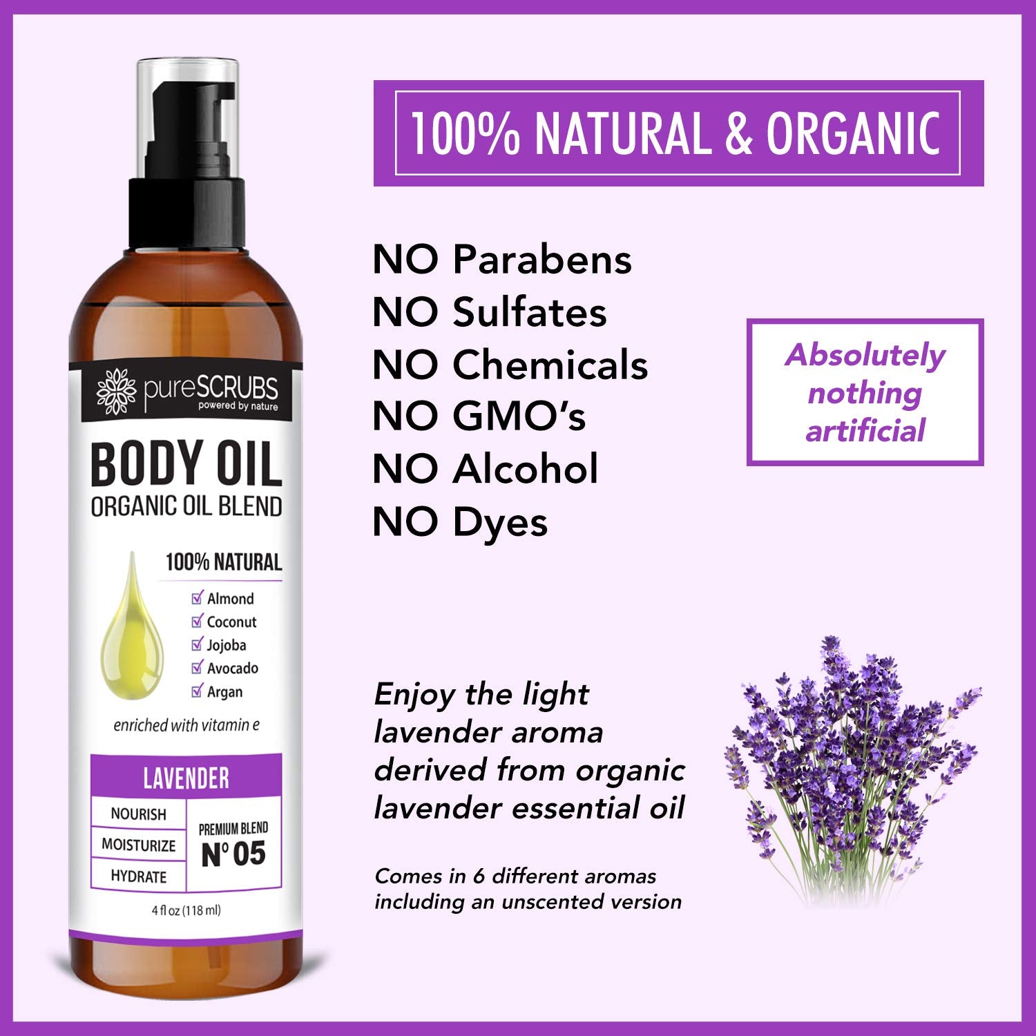 pureSCRUBS Ultra Moisturizing Lavender Body Oil Spray for Dry Skin, Massage, Cuticles & More, Organic Blend of Jojoba, Argan, Coconut, Sweet Almond & Avocado Oils Enriched with Vitamin E, Lg 4oz-GlimoraGlow