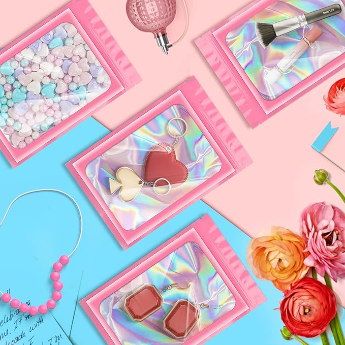 100 Pack Holographic Bags, Resealable Bags Packaging Bag with Clear Window Resealable Odor Foil Pouch for Food Storage, Lipgloss&Jewelry Lash Packaging(Pink, 2.4 x 3.9 Inch)-GlimoraGlow