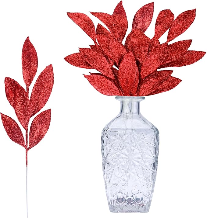 GREENTIME 12 Pack Artificial Red Glitter Leaves 13" Fake Christmas Picks Decorative Glitter Sticks for Vase Christmas Tree DIY Wreath Crafts Fireplace Decor