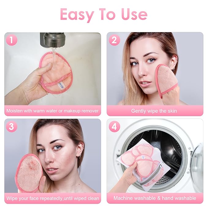 SINLAND Reusable Makeup Remover Pads For Face,Eye,Lips Microfiber Gentle Facial Cleansing Cloths for All Skin Types Friendly for Makeup Remover With Laundry Bag 5.1inchx3.93inch Pink Pack of 6-GlimoraGlow