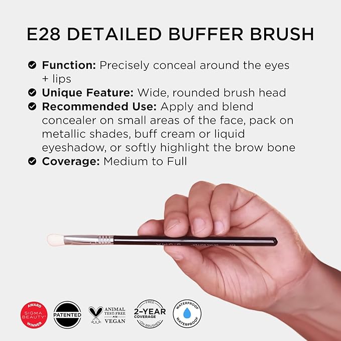 Sigma Beauty Professional E28 Detail Buffer Brush – Professional Eyeshadow Brush for Seamless Cream or Liquid Eyeshadow Blending, Packing on Metallic Shades & Highlighting the Brow Bone (1 Brush)-GlimoraGlow