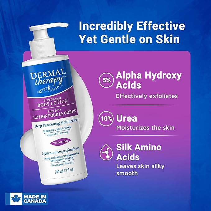 Dermal Therapy Extra Strength 5% AHA 10% Urea Body Lotion - Healing for Extremely Dry, Cracked Skin - Fragrance-Free - Sensitive Skin, Diabetes & Medication-Induced Dryness - 8 fl oz / 240 ml-GlimoraGlow